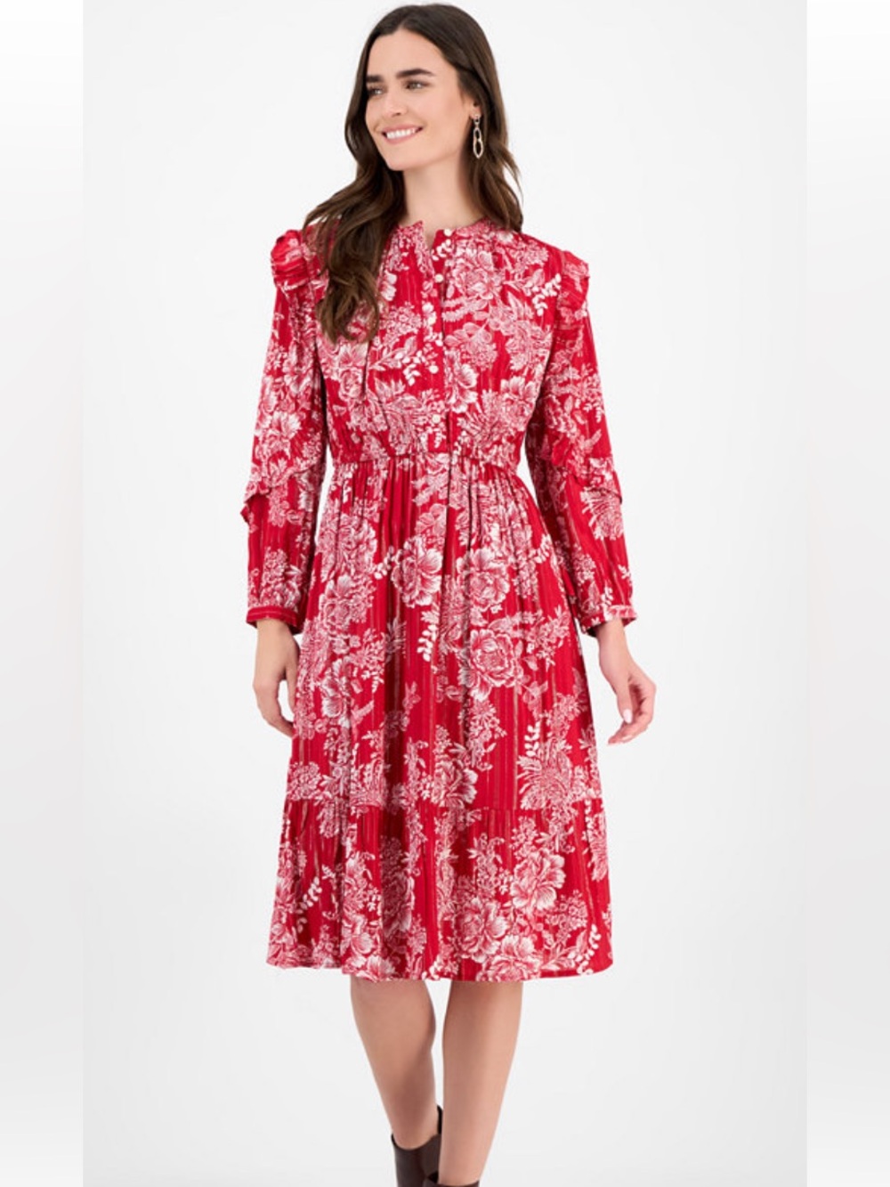 Style & Co. Red Floral Long-Sleeve Midi Dress